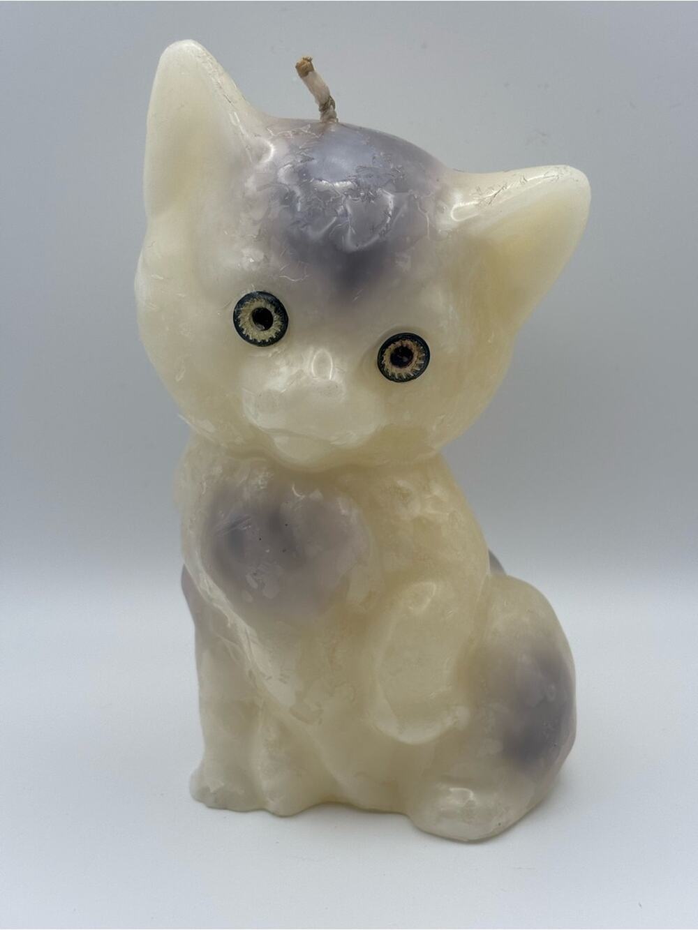 Vintage 1970s White Wax Cat Shaped Candle Figurine Featuring Yellow Eyes